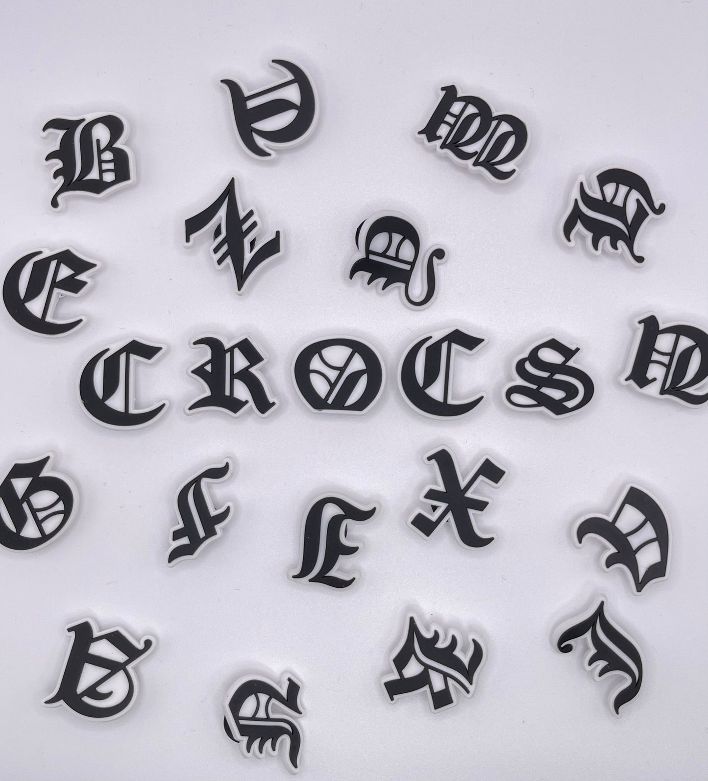 Old English font croc charm letters