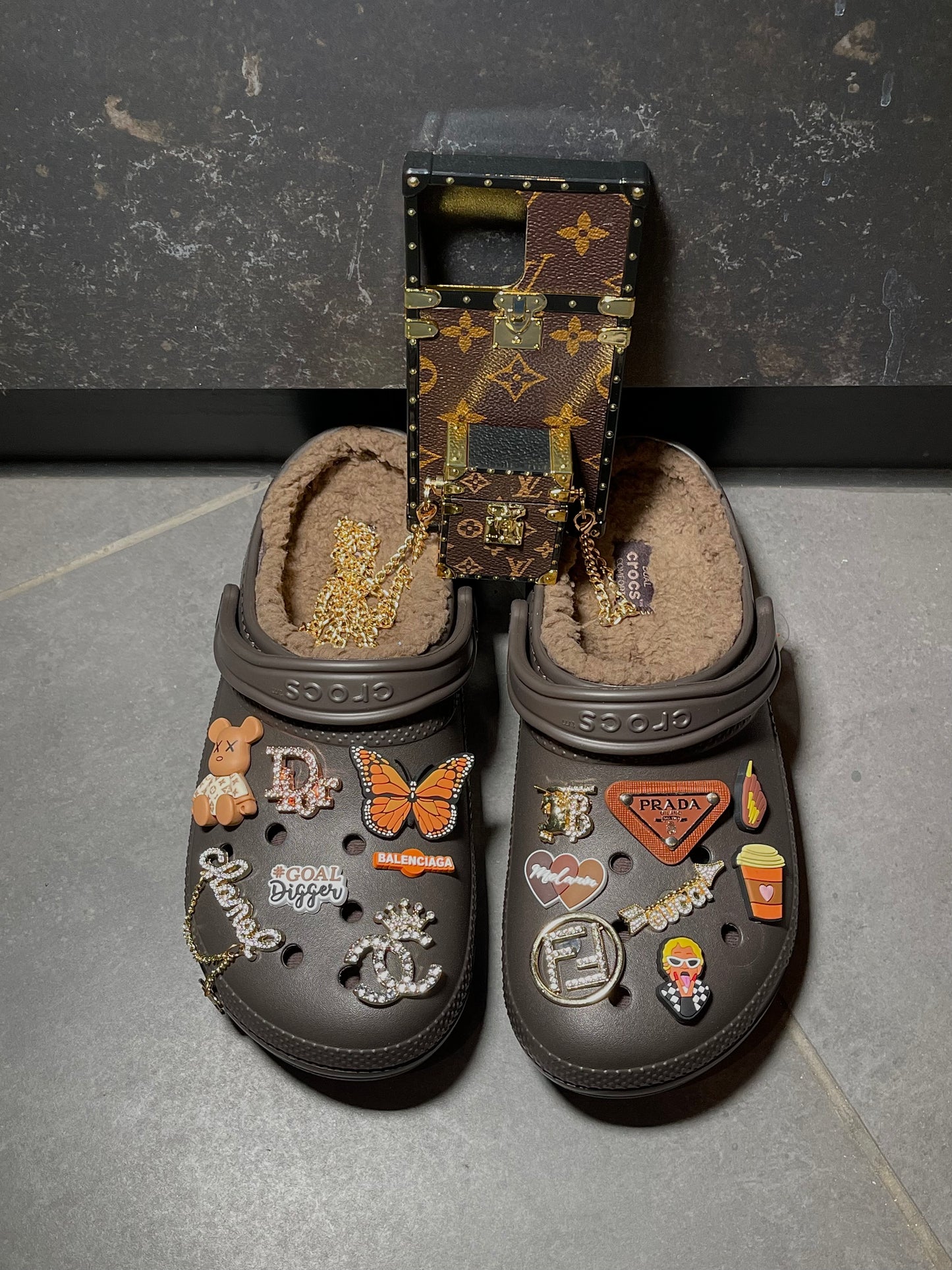 Espresso customised fur crocs