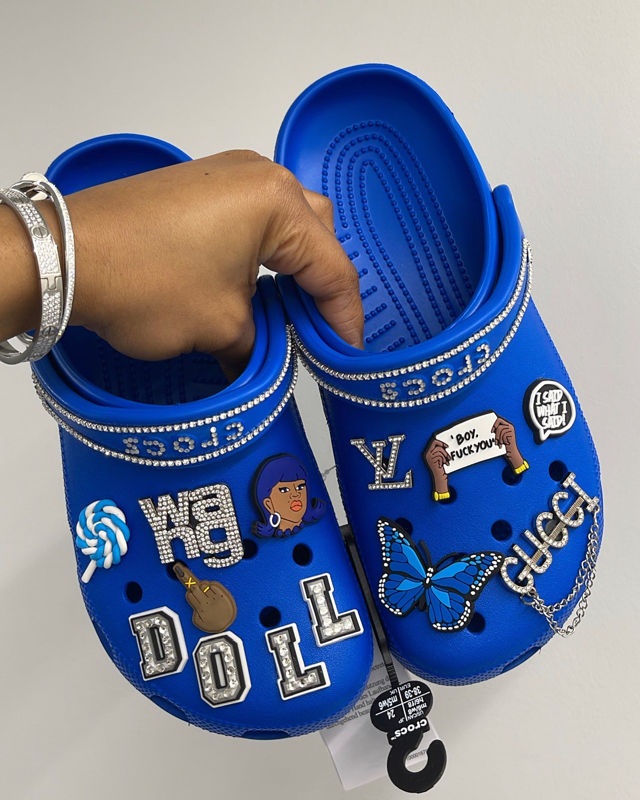 Crocs Bfdi Design Baddies in blue customised crocs β Bella's Archives