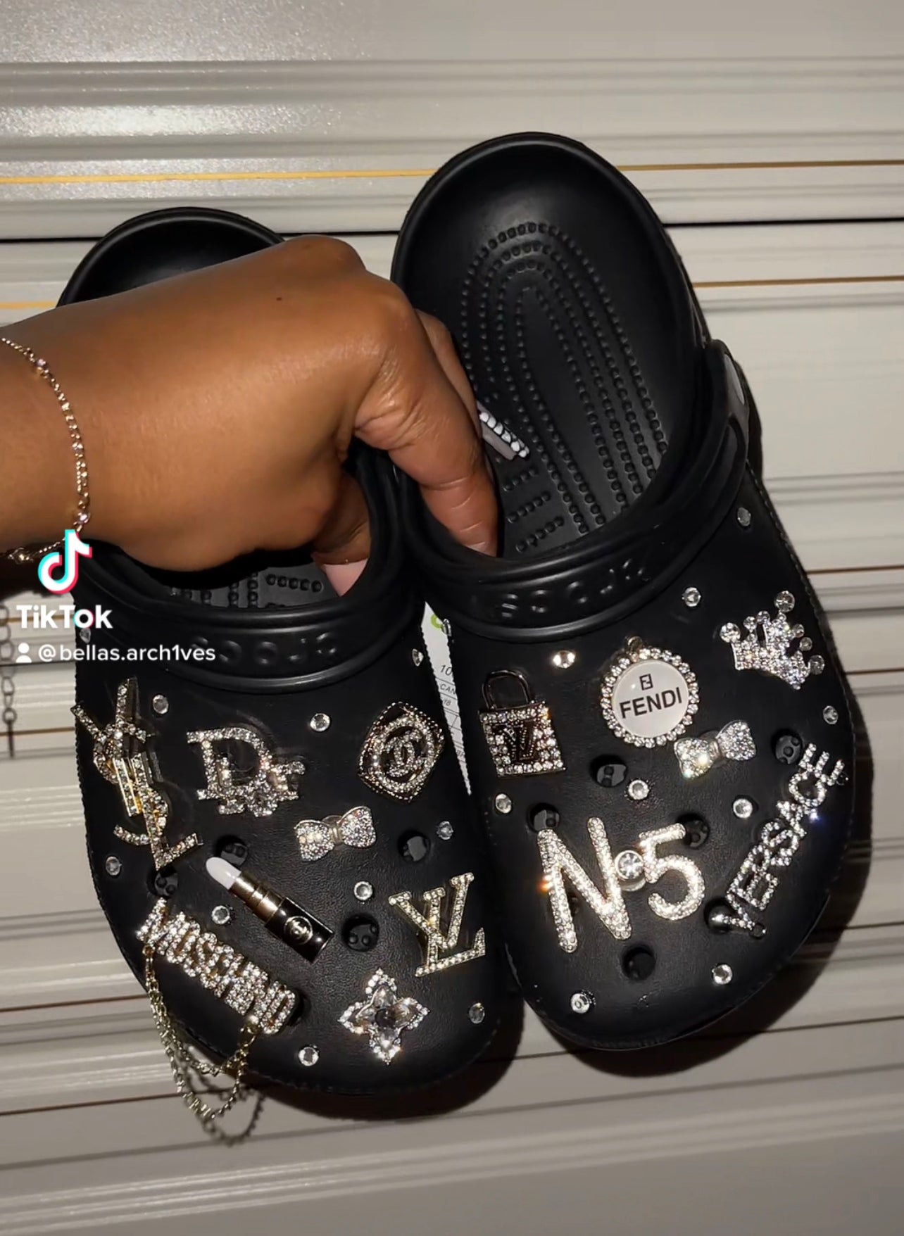 Black crocs customised with silver jibbitz💿, Gallery posted by  Bellas.arch1ves